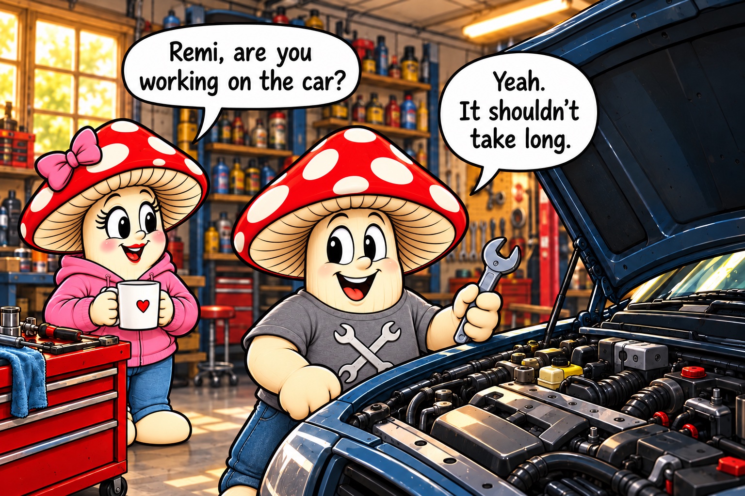 June holds a mug beside Remi, who is holding a wrench at the open hood of a car.