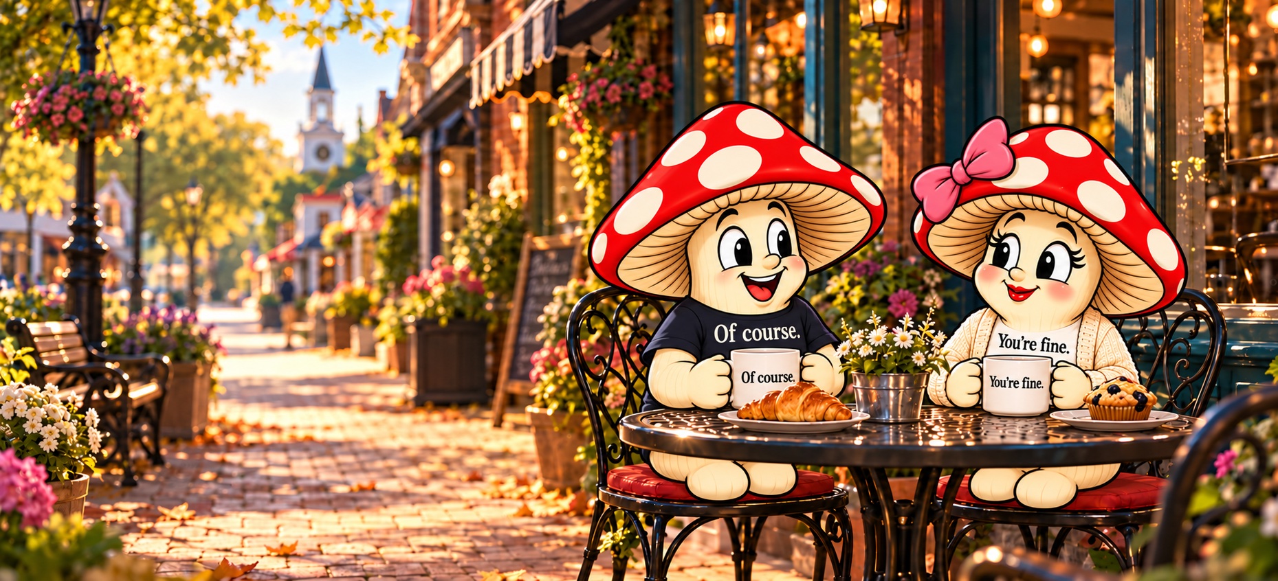 Remi and June share coffee at an outdoor café in Willowmere, wearing their Of course. and You’re fine. shirts