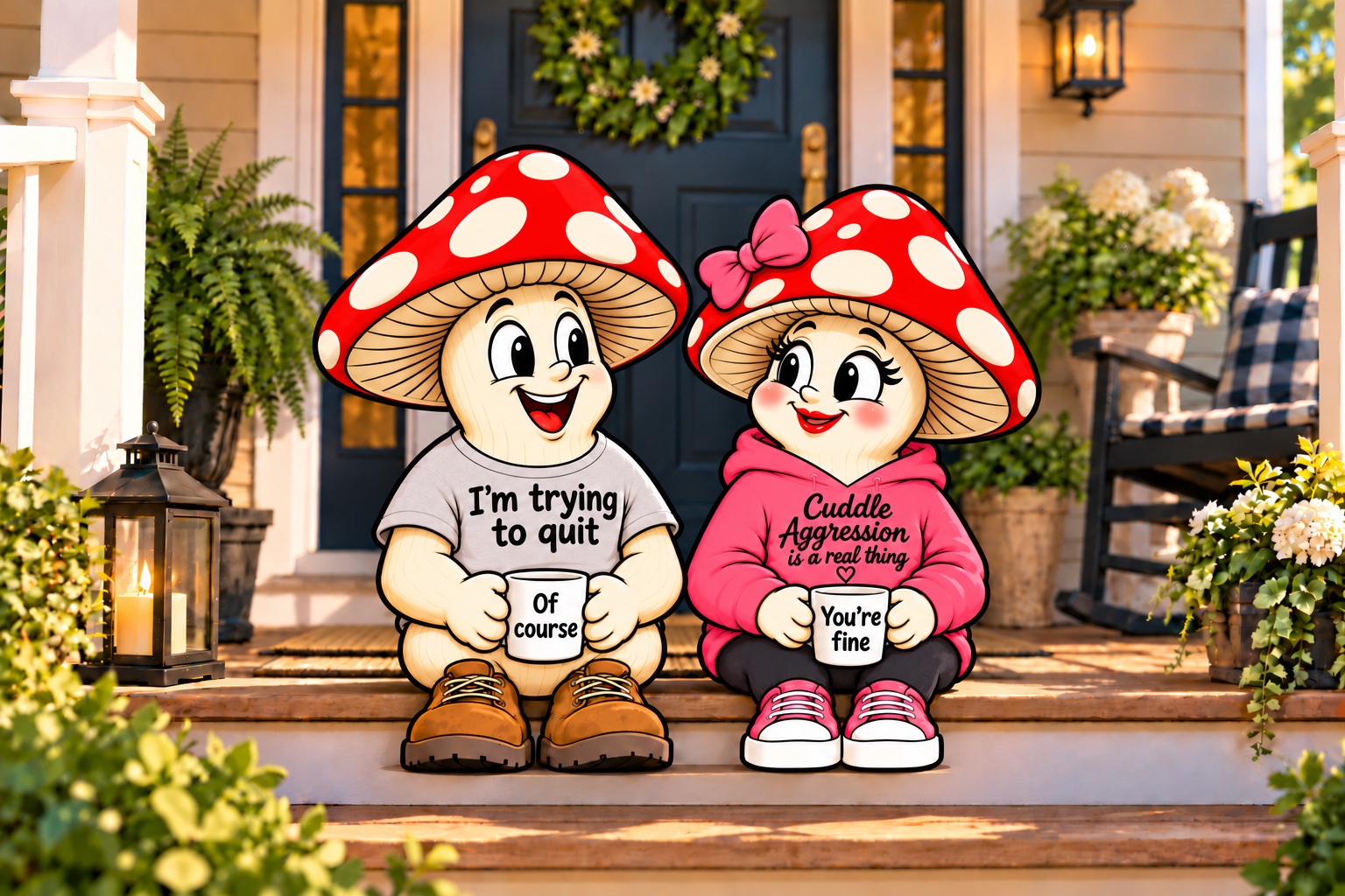 Remi in an I'm trying to quit shirt holds an Of course mug, while June holds a You're fine cup, sitting together on their cozy porch