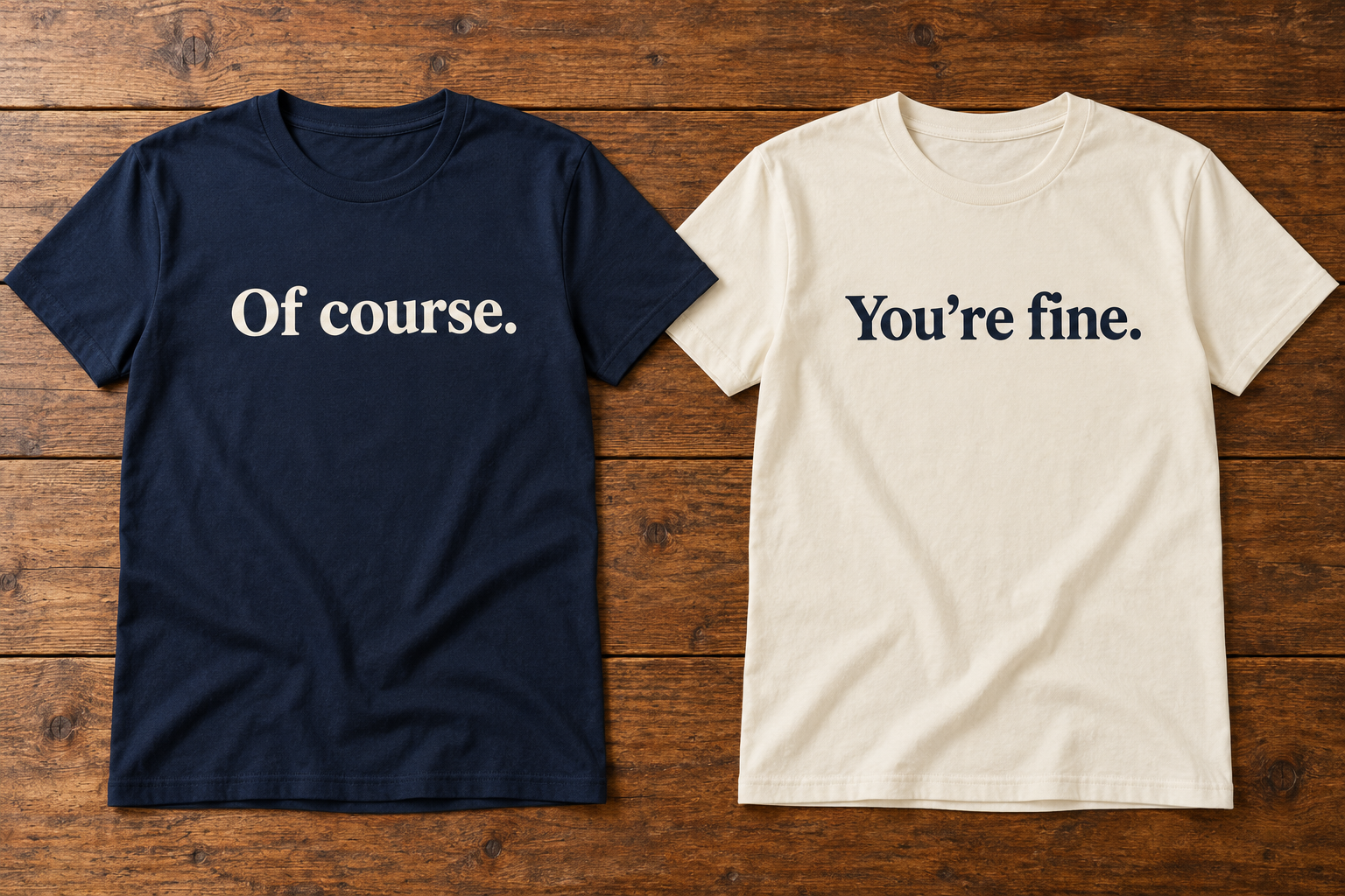 Dark navy Of course. shirt and cream You’re fine. shirt displayed side by side