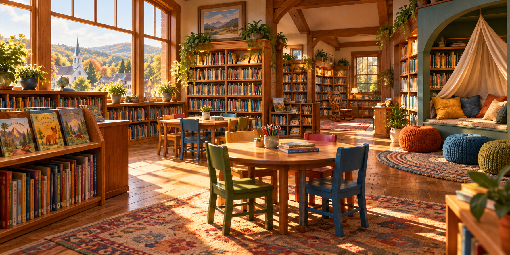 A sunlit school library with bookshelves and a cozy reading corner